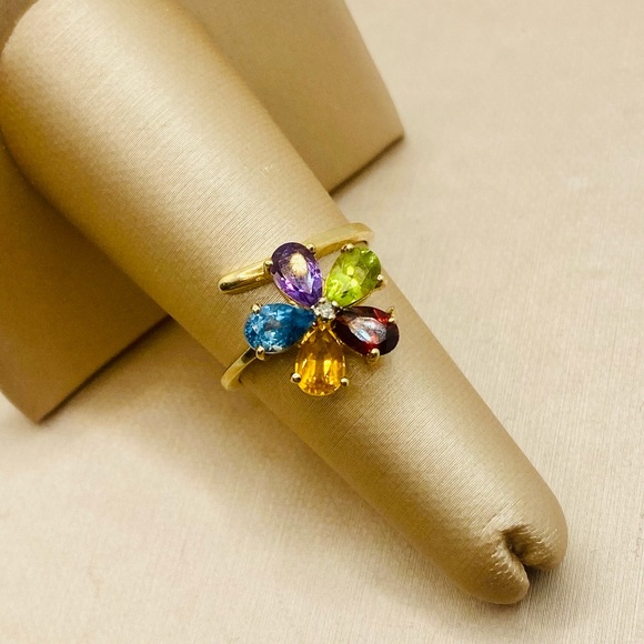 EUC Estate 10k Yellow Gold Genuine Multi-Colored Gemstone & Diamond Flower Ring - Picture 1 of 17